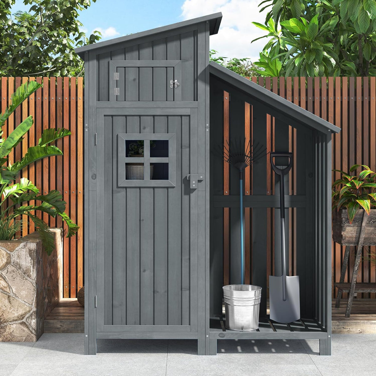 Gerätehaus, 124 × 46 cm, wasserdicht, mit Stauraum, für den Garten, Grau, FAYICIC