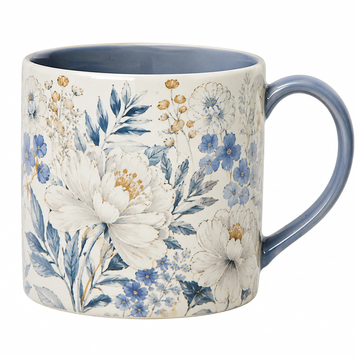 Keramiktasse mit Blumenmuster in Blau und Weiß