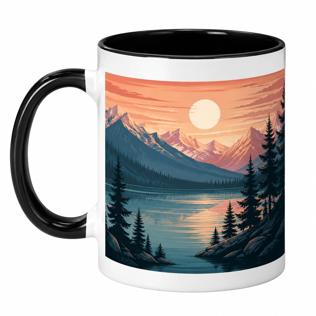 Keramiktasse mit Landschaftsmotiv 350ml - Schwarz/Weiß