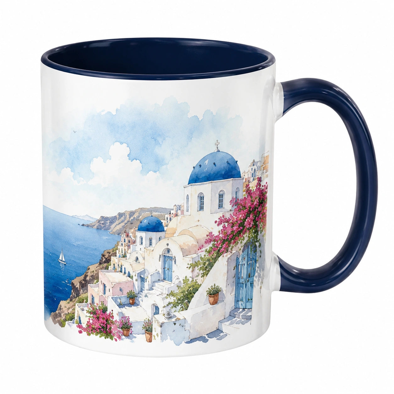 Keramiktasse mit Santorini-Motiv, Blau und Weiß, 350 ml
