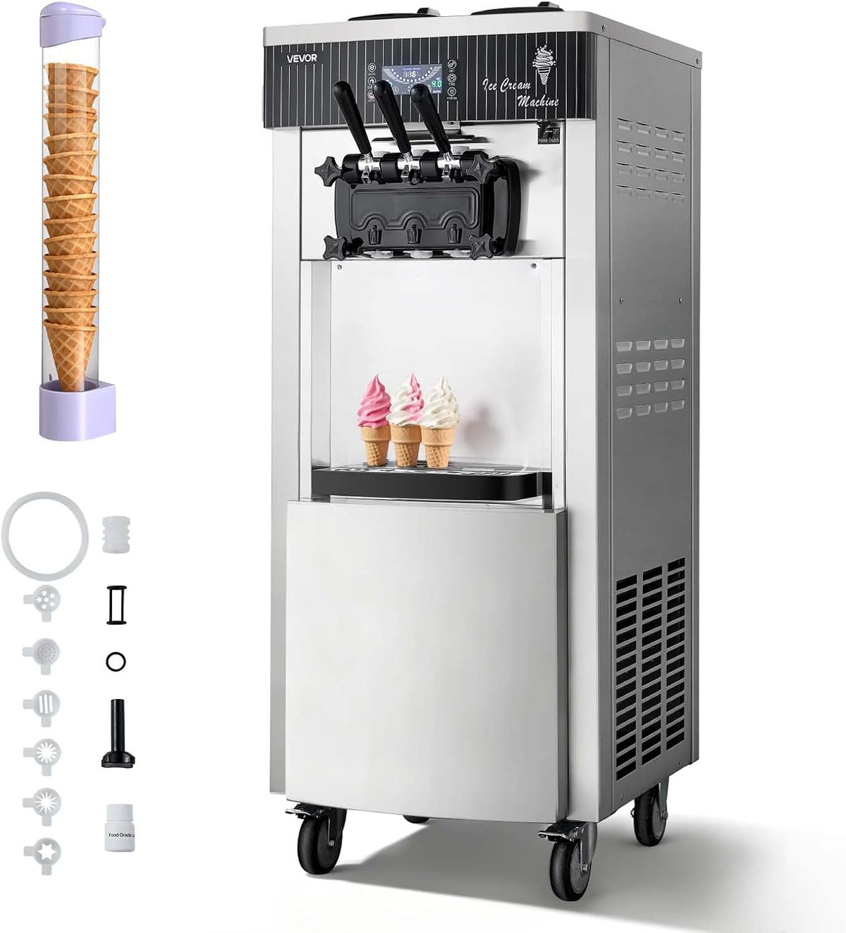 VEVOR Speiseeisbereiter, 20–28 L, 6 L, 2200 W, mit Selbstreinigung, mit LED, mit Timer, Silber/Schwarz