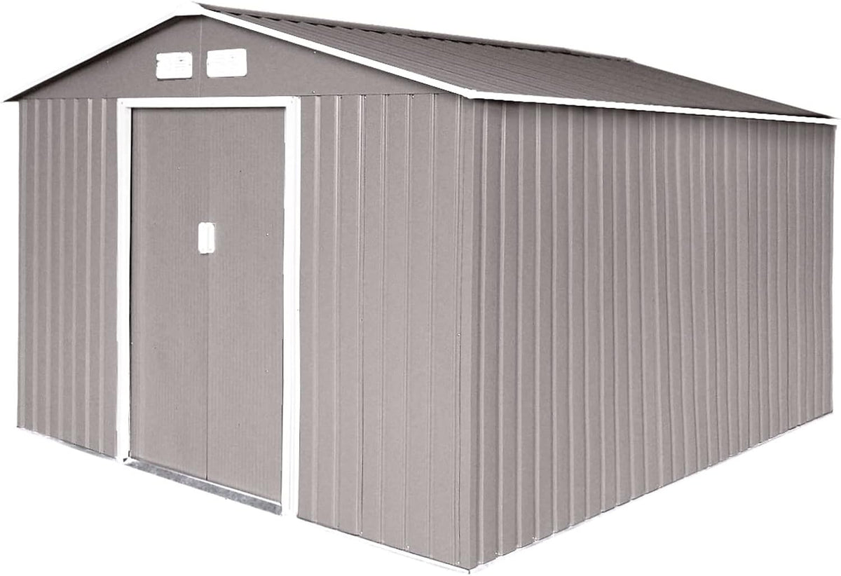 Gerätehaus S300, 277 × 319 × 192 cm, mit Vorhängen, für den Garten, aus Metall, Hellgrau, HATTORO