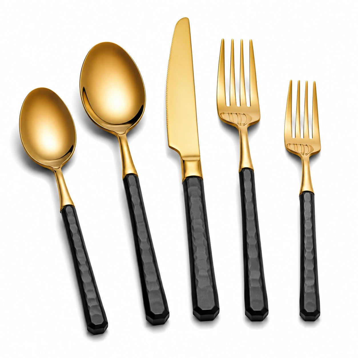 Luxuriöses Besteckset Gold und Schwarz mit Hammerschlag-Design