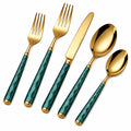 Elegantes Besteckset Gold mit grünen Griffen - 5-teilig