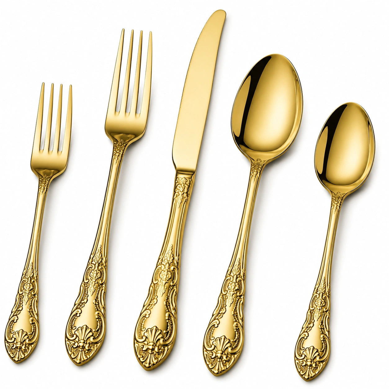 Elegantes 5-teiliges Besteckset aus Gold mit Ornamentdesign