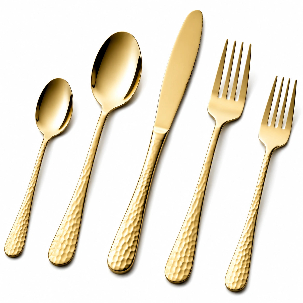 Luxuriöses Goldenes Besteckset 5-teilig, gehämmert