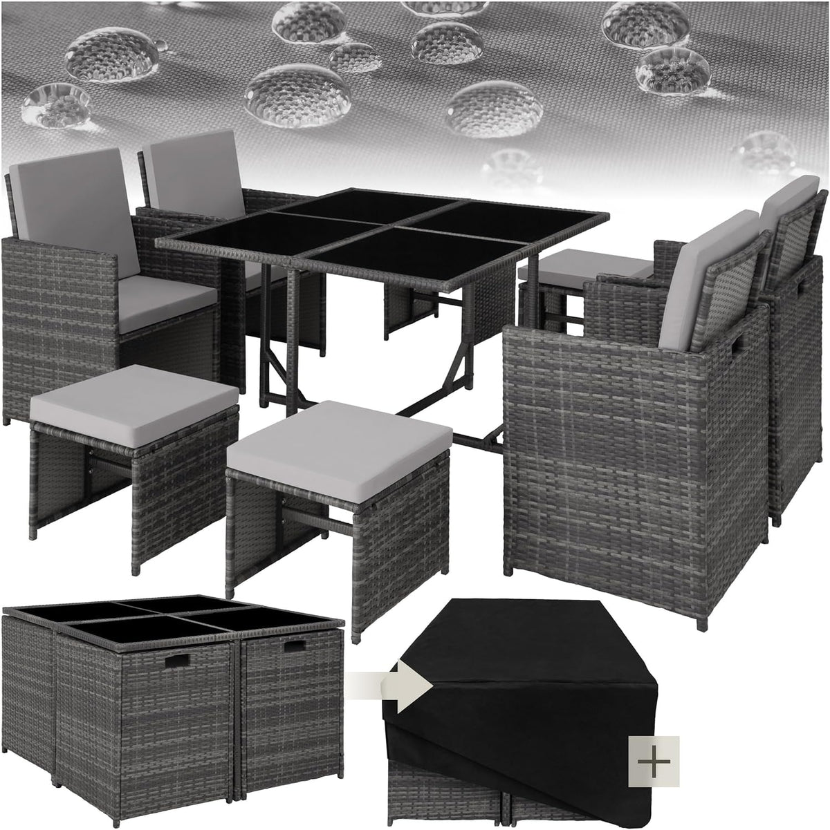 Gartenmöbel-Set, aus Polyrattan, wasserabweisend, für den Garten und die Terrasse, Grau/Schwarz, tectake