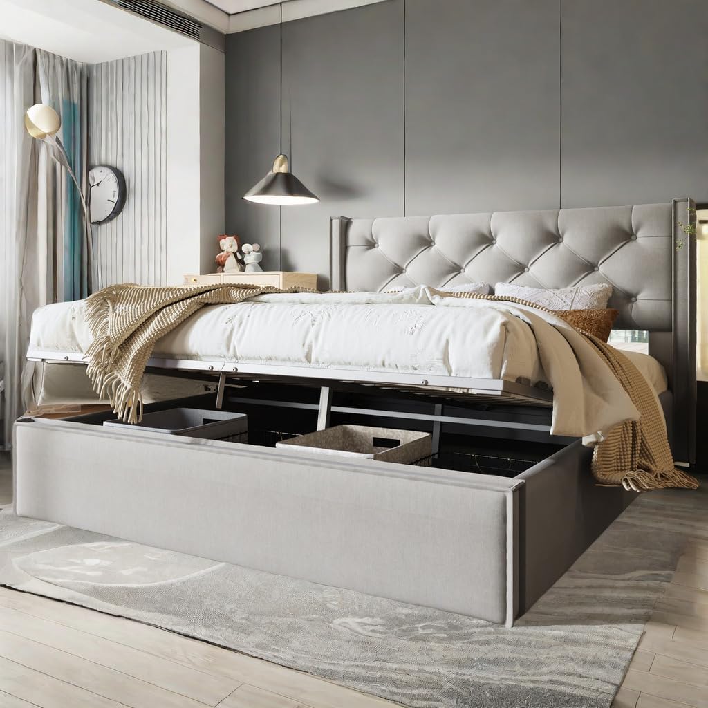 Bett, 90 × 200 cm, mit Stauraum, klappbar, aus Metall, Hellgrau, Sapgaks