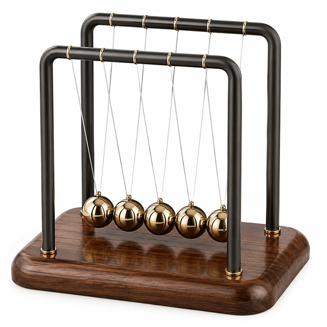 Newtonsches Pendel mit goldenen Kugeln und Holzsockel, Gold/Braun