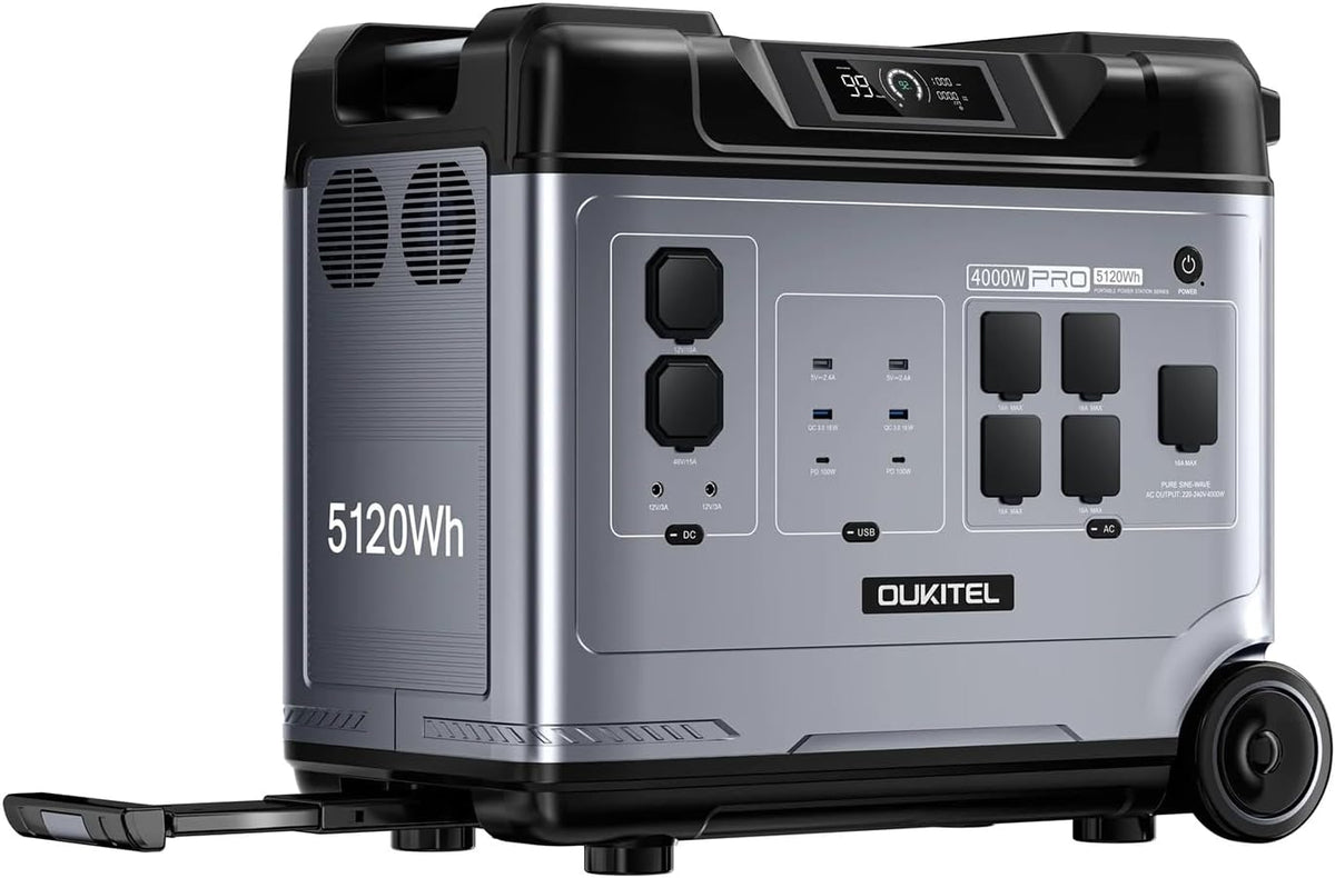 Raikon P5000 PRO Stromerzeuger, 4000 W, 5120 Wh, verstellbar, mit WLAN, mit App-Steuerung, mit USB, für Camping, Silber/Schwarz