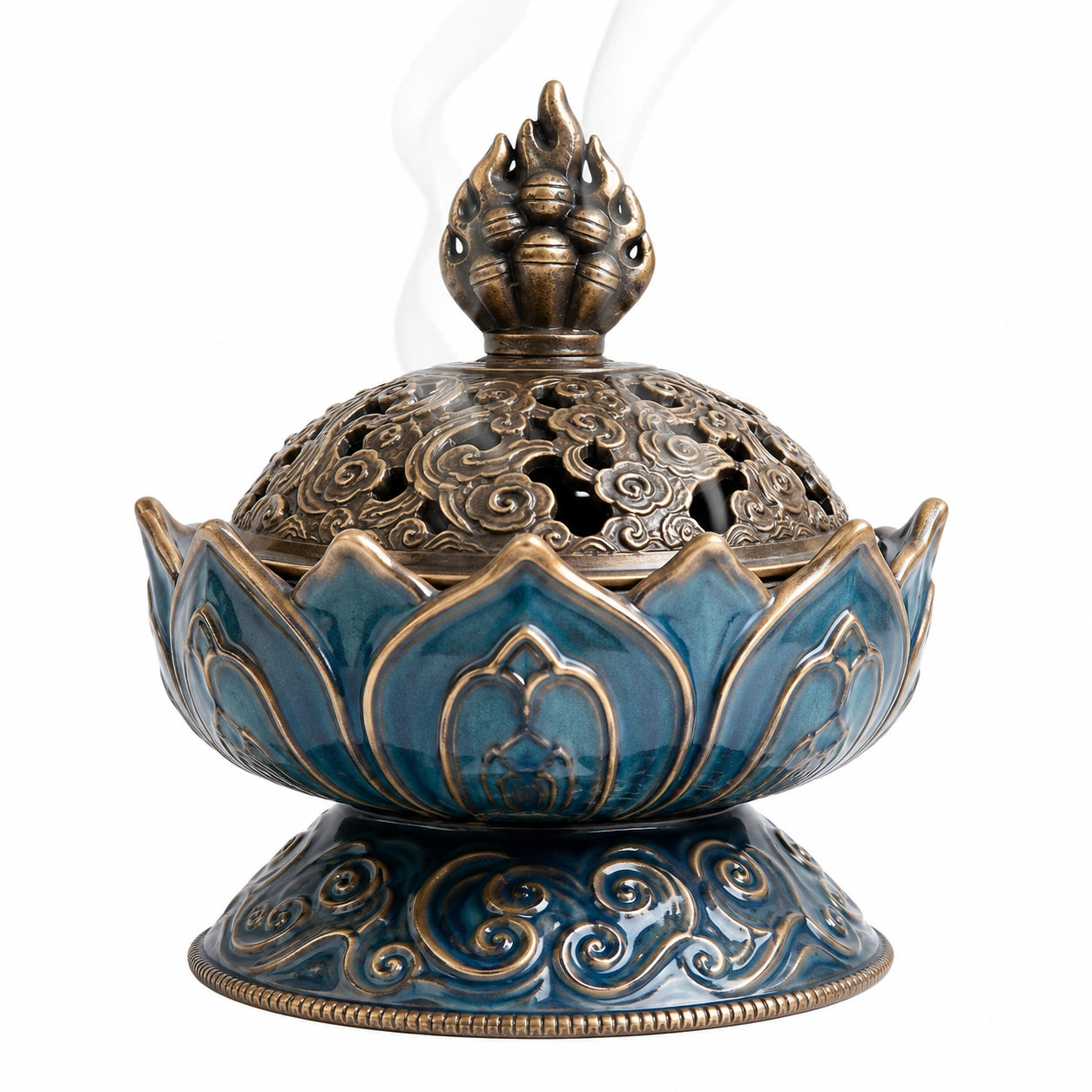 Lotusförmiger Weihrauchbrenner Blau/Gold, 15 cm