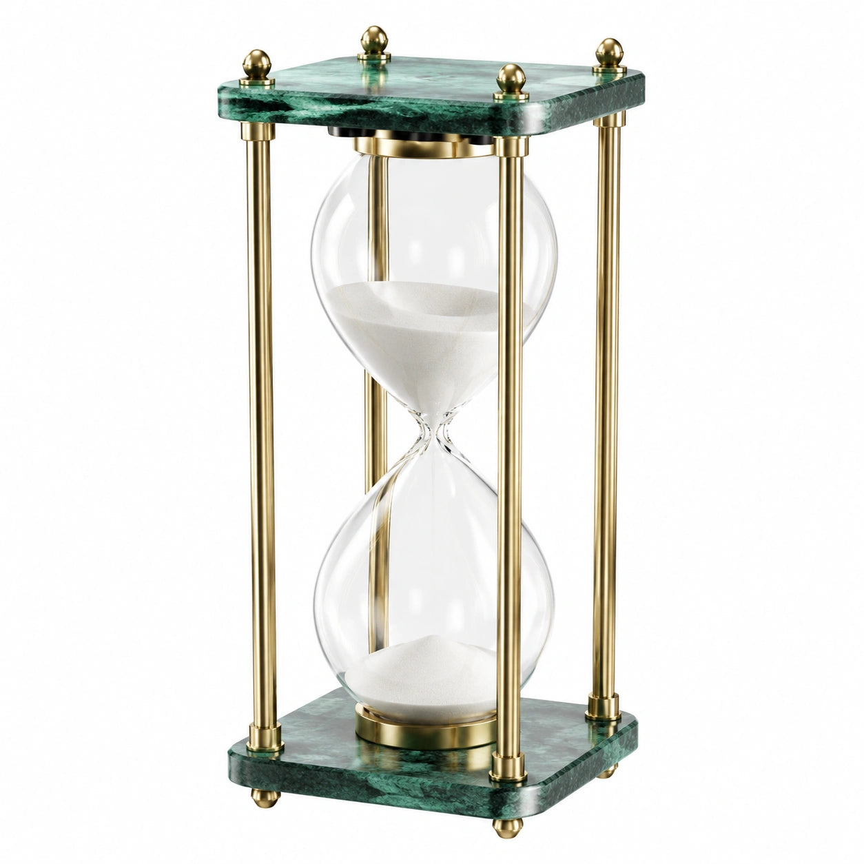 Dekorative Sanduhr mit grünem Marmorsockel und goldfarbenem Gestell