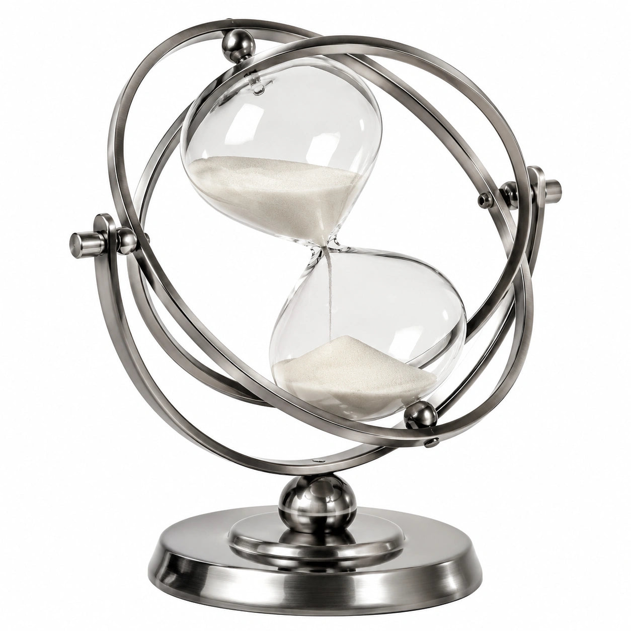 Dekorative Sanduhr mit drehbarem Metallrahmen in Silber