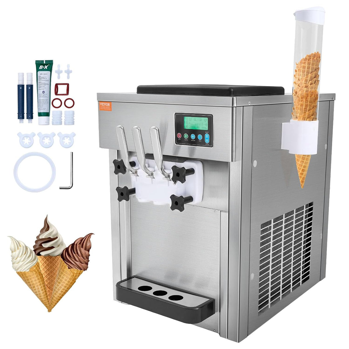VEVOR Kommerzielle Eismaschine Speiseeisbereiter, 4 L, 1,8 L, 1800 W, mit Timer, Silber/Weiß