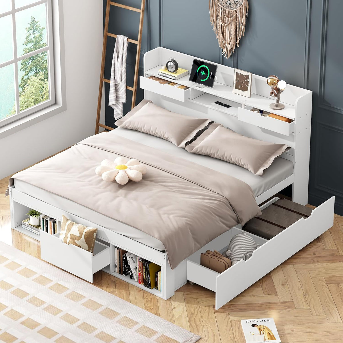 Bett, 180 × 200 cm, mit USB, mit Stauraum, Weiß/Beige, Jovify