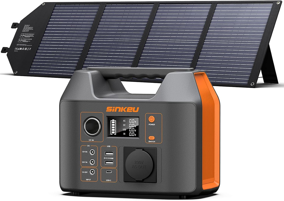 SinKeu Stromerzeuger, 100 W, 300 W, 230 V, mit LED, klappbar, mit USB, für Camping, Grau/Schwarz/Orange