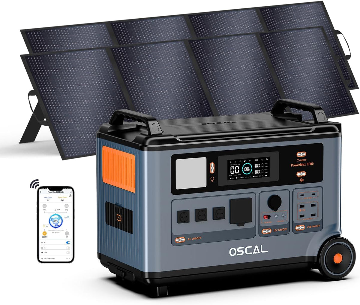Raikon LiFePO4 Stromerzeuger, 6000 W, 200 W, 3600 Wh, für Camping, Schwarz/Grau/Orange