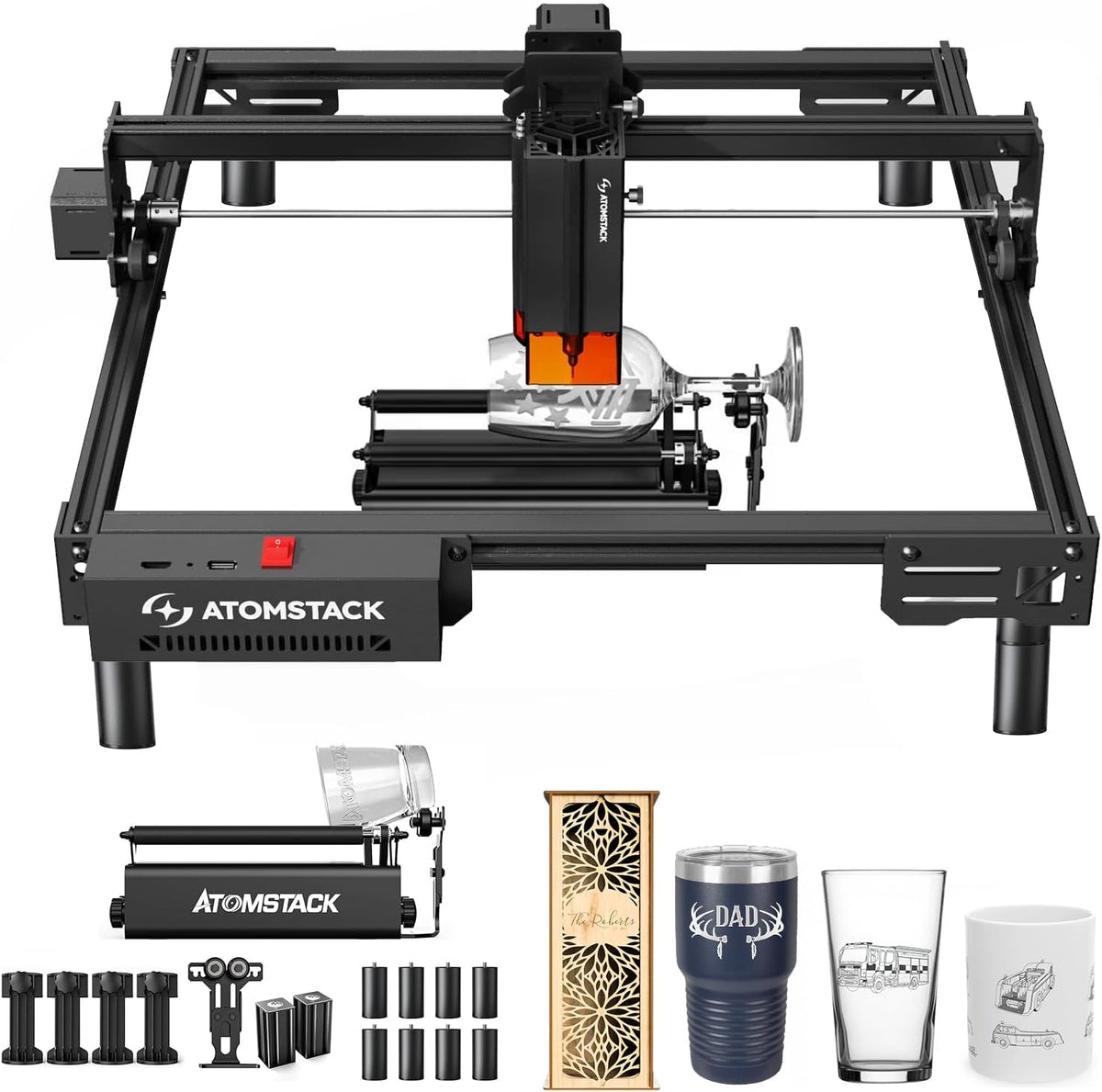Gravurwerkzeug A20 PRO, 120 W, verstellbar, aus Metall und Leder, Schwarz/Orange, ATOMSTACK MAKER