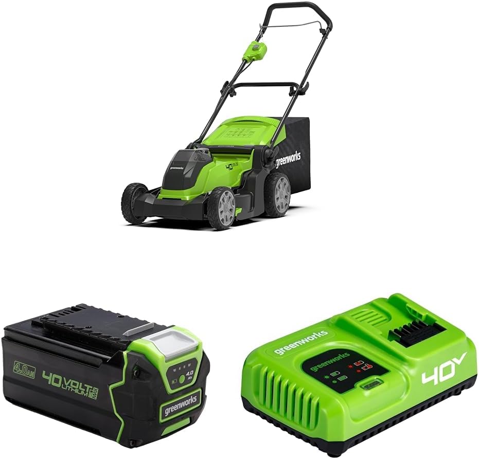 Greenworks G40LM41 Rasenmäher, 40 V, 4 Ah, 500 m², kabellos, mit LED, Grün/Schwarz