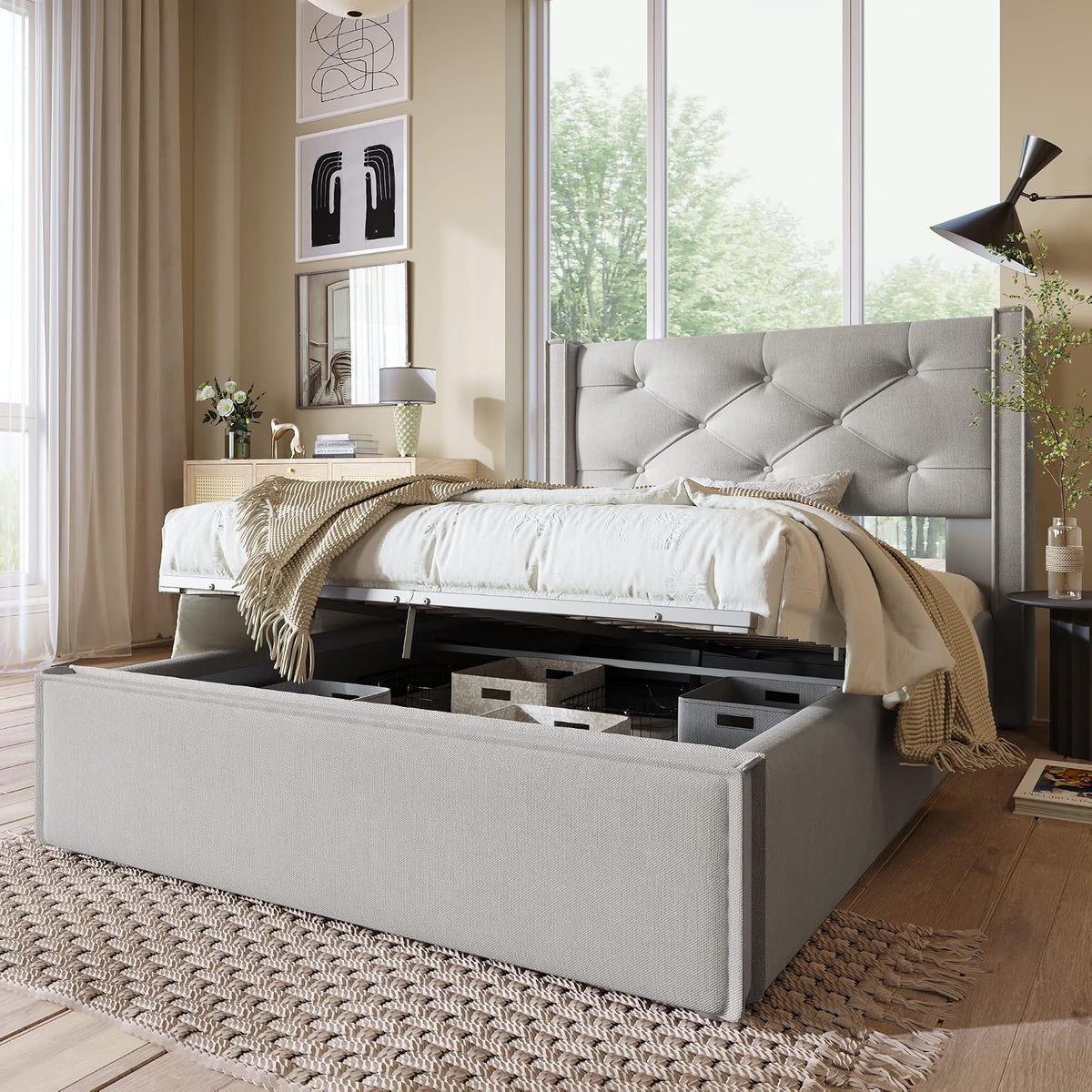 Bett, 90 × 200 cm, mit Stauraum, klappbar, aus Metall, Hellgrau, Moimhear