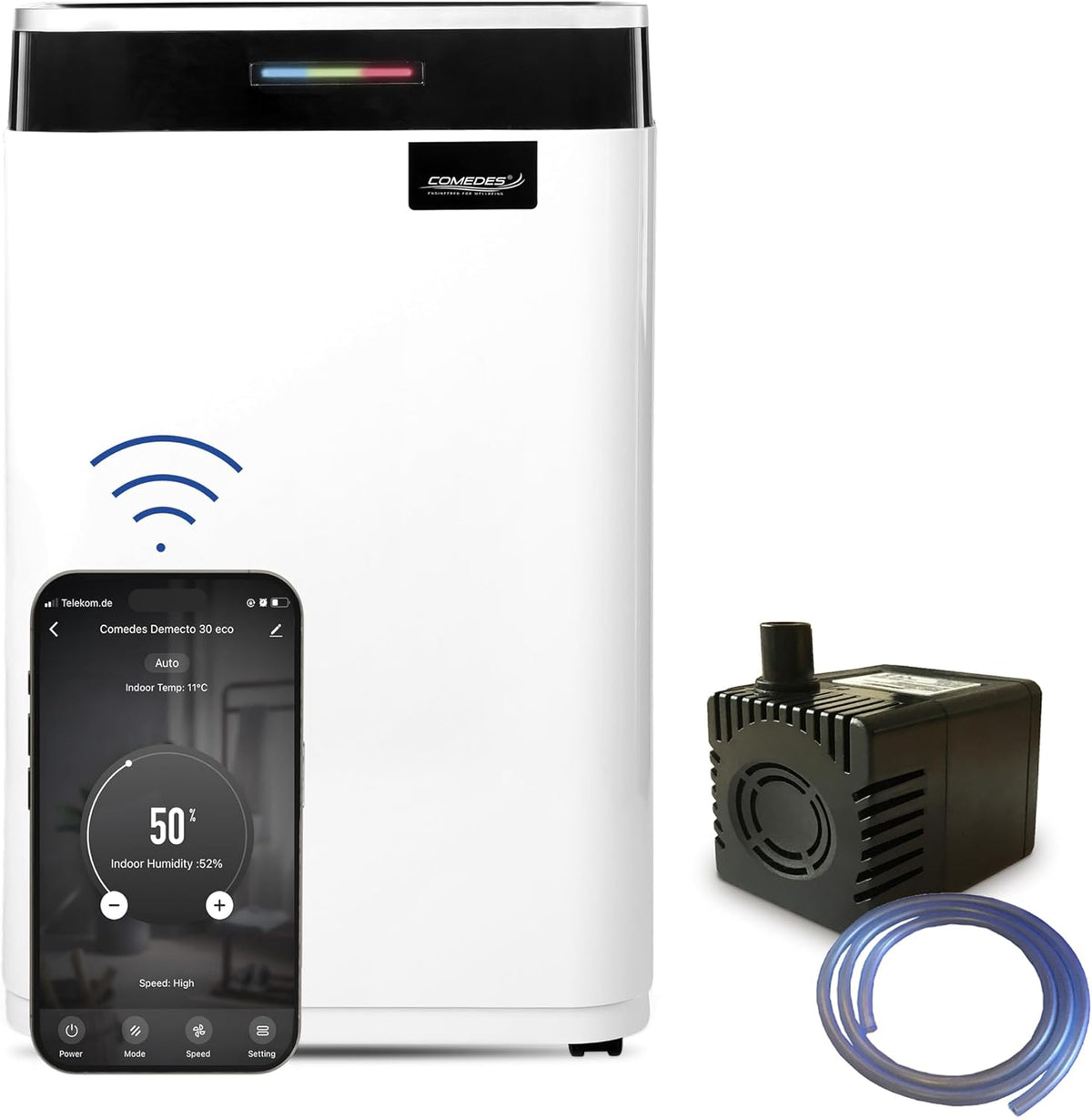 Comedes Demecto 30 eco WiFi Luftentfeuchter, 25 l, 100 m², 230 m³, mit WLAN, mit App-Steuerung, Weiß/Schwarz