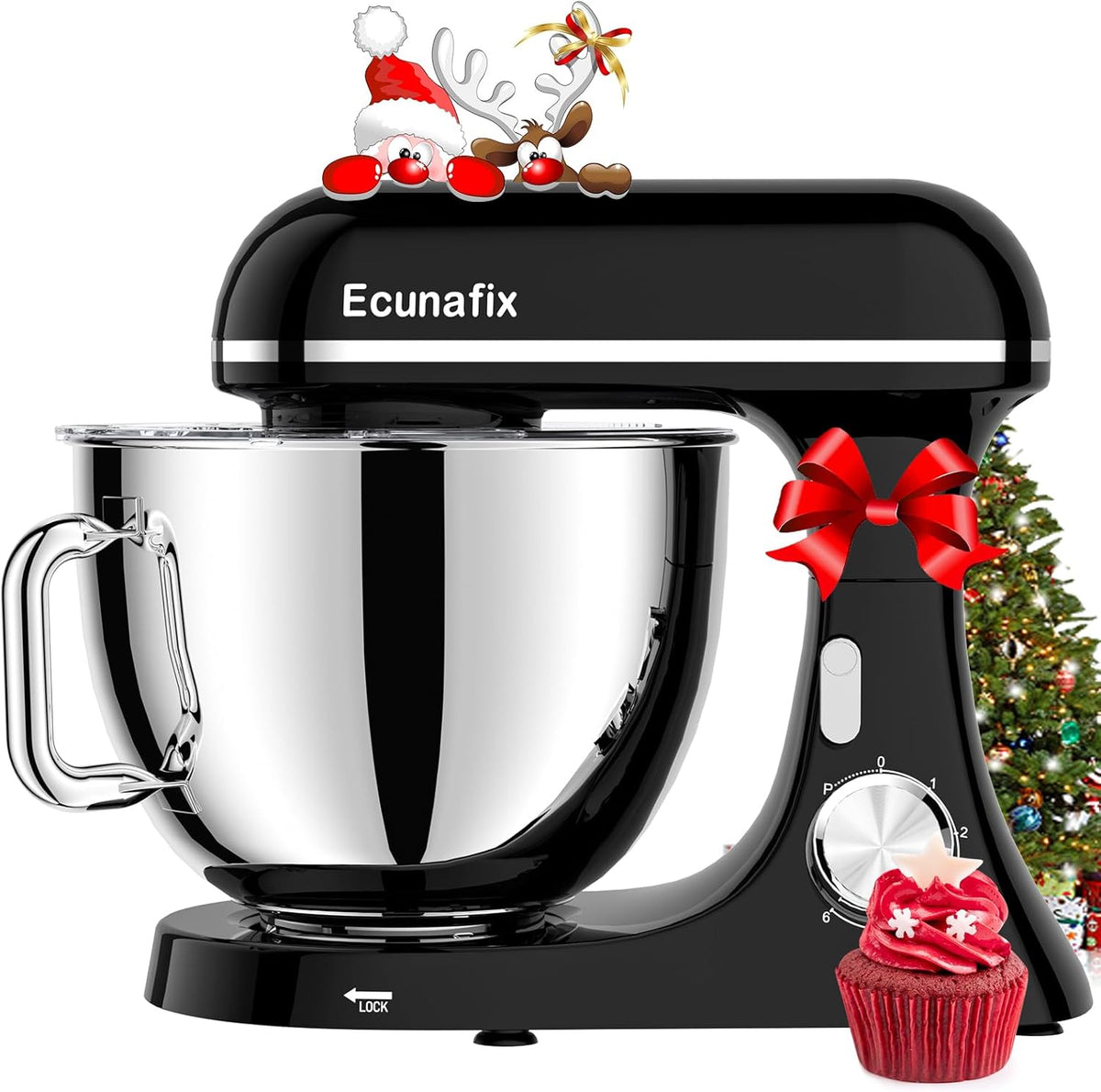 Ecunafix Küchenmaschine, 8 L, 2000 W, aus Edelstahl und Stahl, für die Küche, Schwarz/Silber