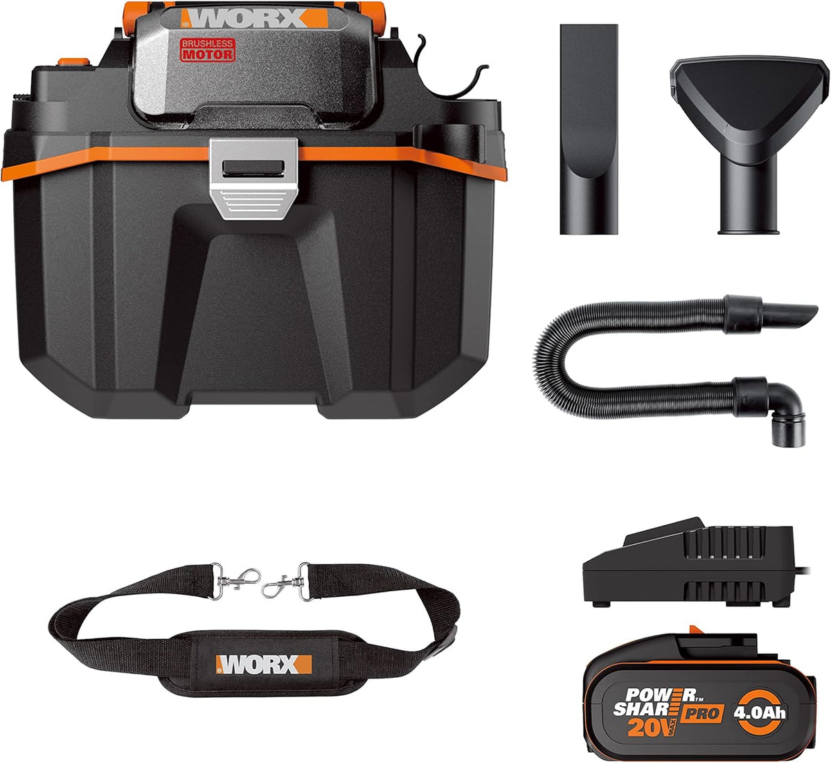 WORX WX031 Nass- und Trockensauger, 18 V, 20 V, bürstenlos, für die Werkstatt, Schwarz/Orange