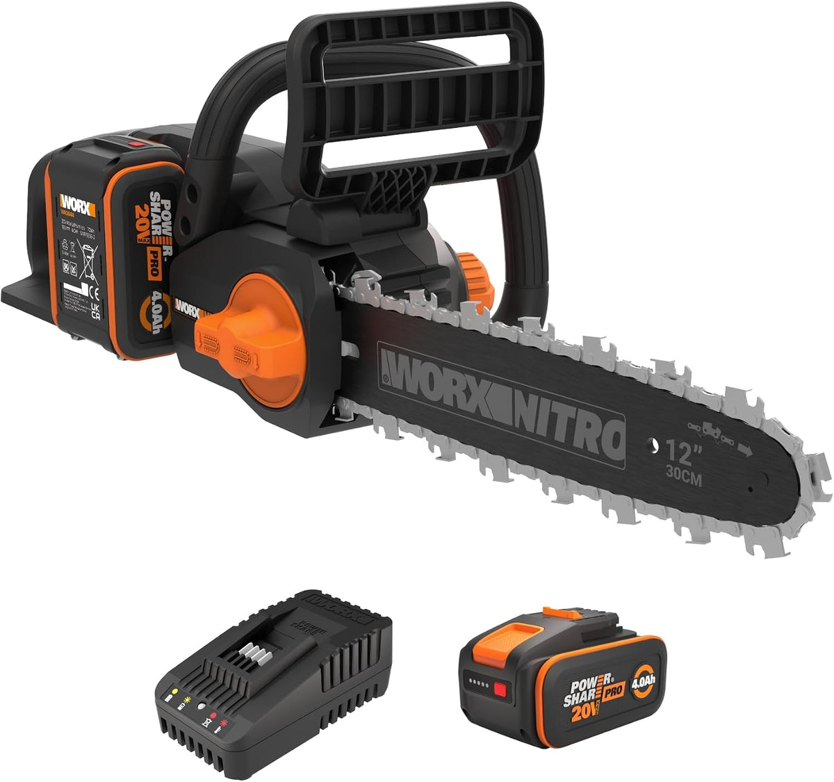 Kettensäge WG350E, 20 V, 4 Ah, 10 m, bürstenlos, Schwarz/Orange, WORX