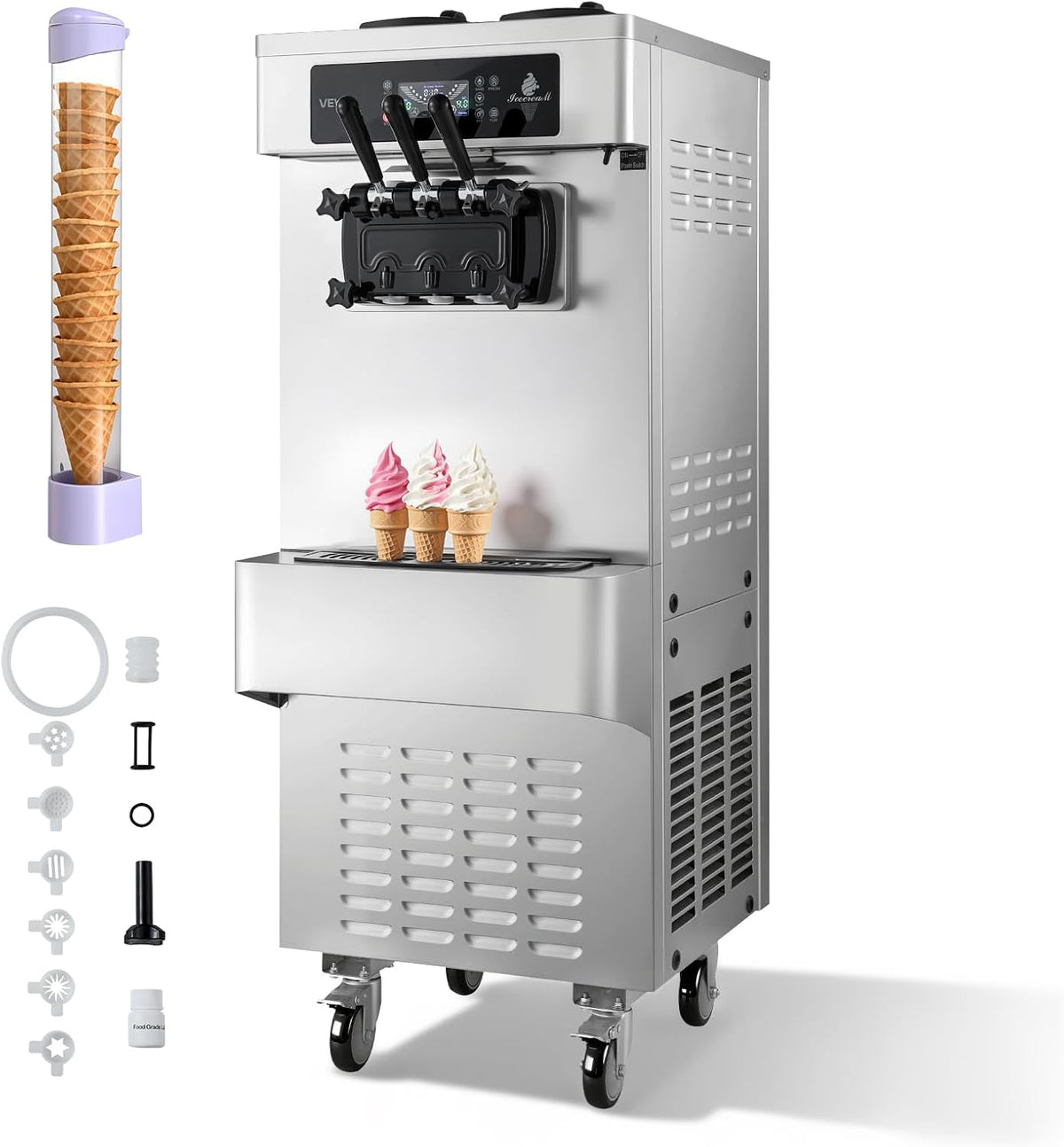 VEVOR Freistehende Softeismaschine 20 Speiseeisbereiter, 20–28 L, 2200 W, mit LED, mit USB, mit Selbstreinigung, Silber/Schwarz