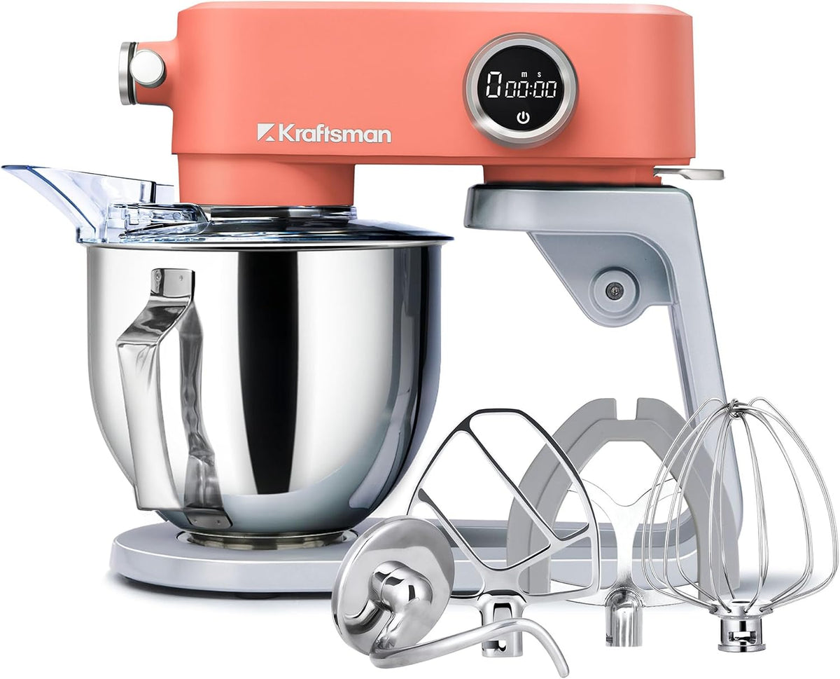 Kraftsman Küchenmaschine, 5 L, mit Timer, für die Küche, aus Edelstahl und Stahl, Koralle/Silber