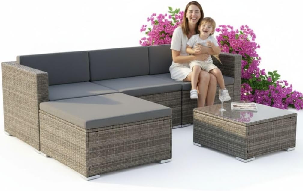 Gartenmöbel-Set Rattan, wasserabweisend, höhenverstellbar, für den Garten und die Terrasse, aus Polyrattan, Grau, Mucola