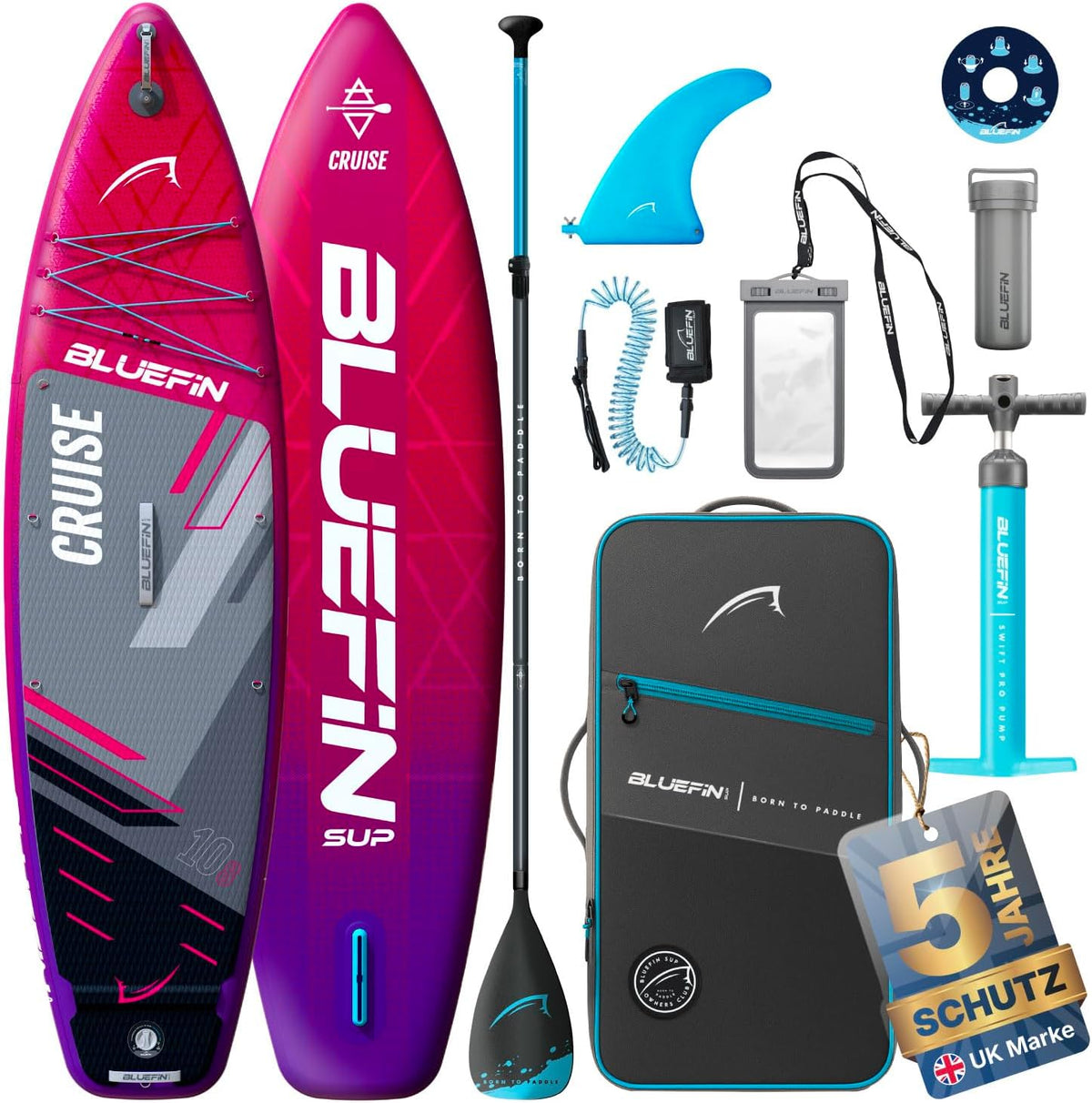 Bluefin SUP Paddleboard Premium Aufblasbare Boards, wasserdicht, Pink/Blau/Schwarz