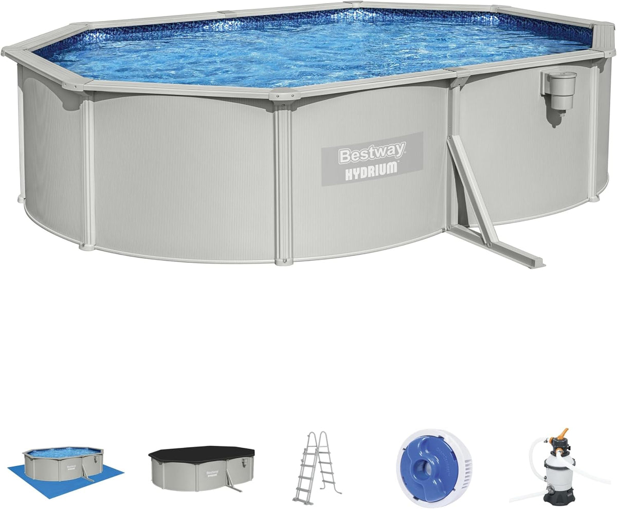 Bestway Hydrium StahlwandPool Set Aufstellpool, 500 × 360 × 120 cm, aus Stahl, Weiß/Blau