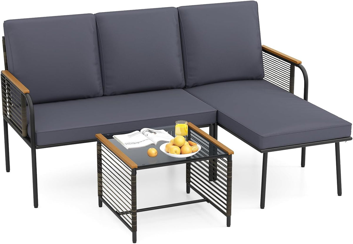 Gartenmöbel-Set, verstellbar, aus Polyrattan, für den Garten und die Terrasse, Grau/Schwarz/Holz, COSTWAY