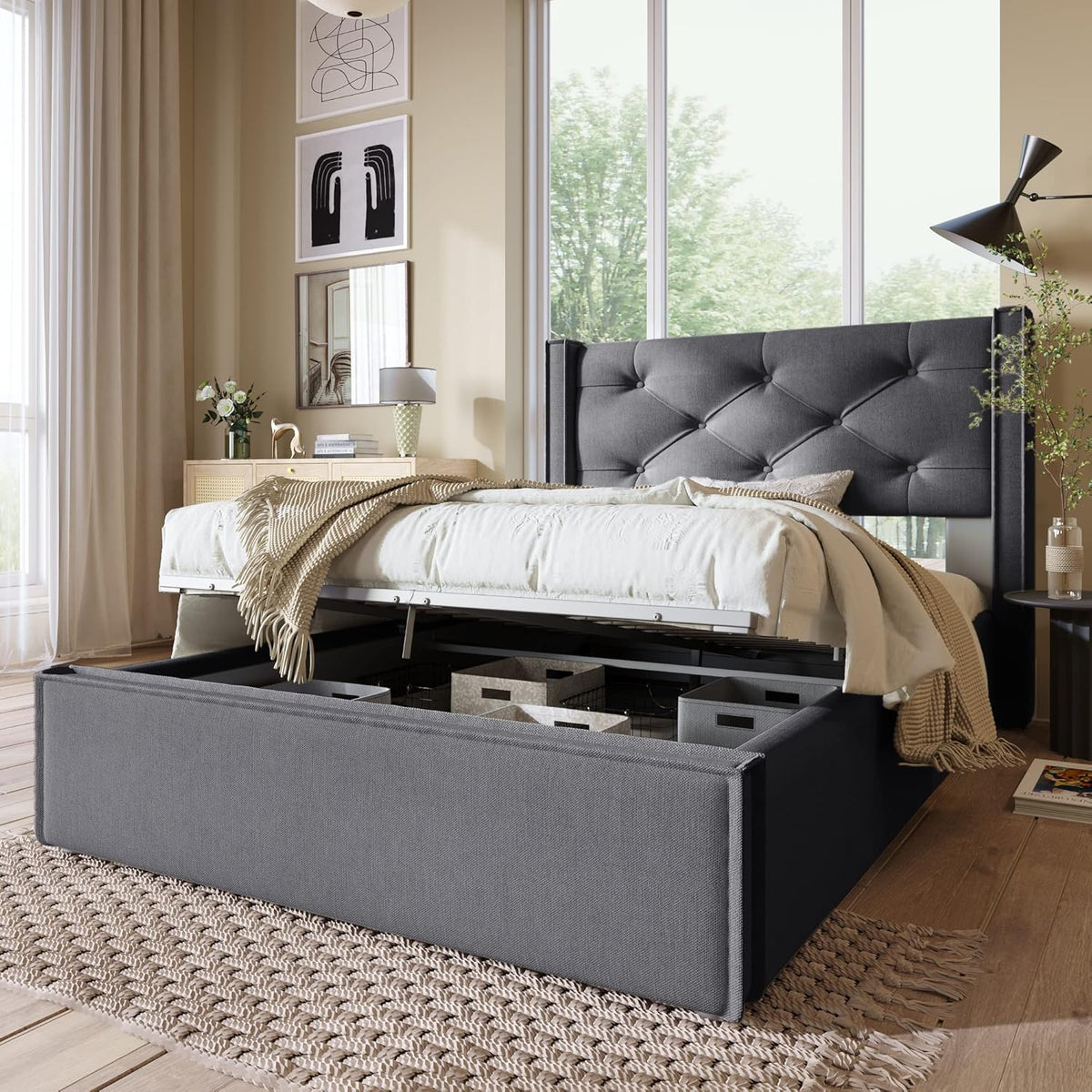 Bett, 90 × 200 cm, mit Stauraum, klappbar, aus Metall, Grau, Moimhear