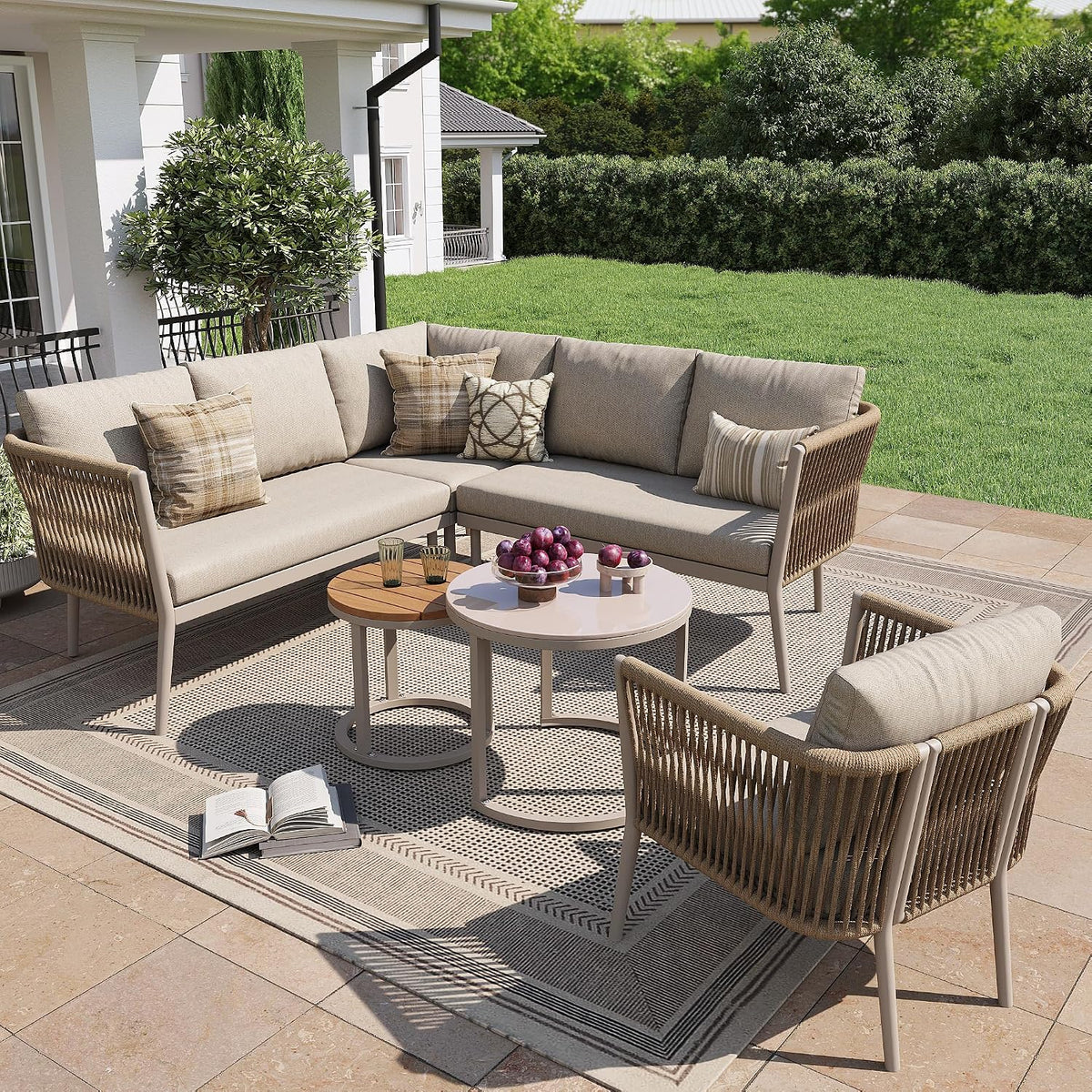 Gartenmöbel-Set, verstellbar, aus Polyrattan, für den Garten und die Terrasse, Beige, TOBIDOEN