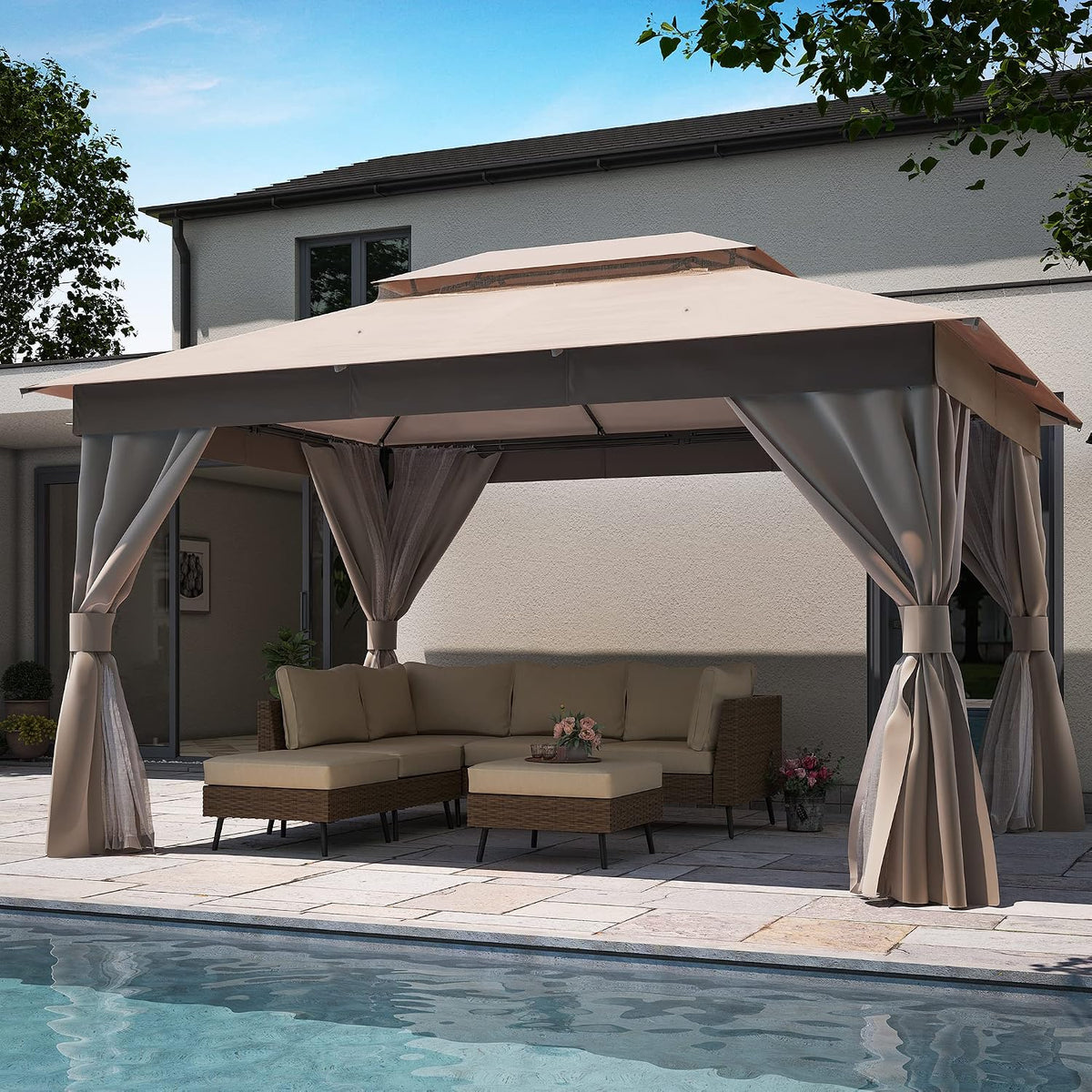 Gartenpavillon, 4 × 3 m, 304.8 cm, mit Doppeldach, mit Moskitonetzen, für den Garten, Khaki/Grau, KamerOut