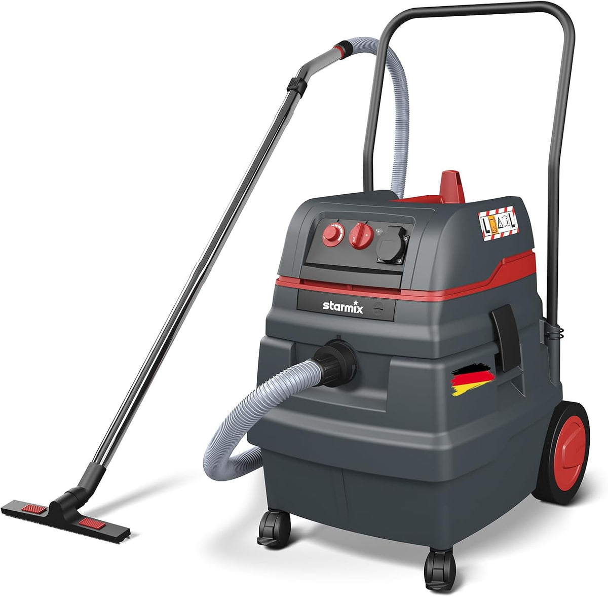 Nass- und Trockensauger L-1650, 50 L, 1600 W, 5 m, mit Magnetverschluss, aus Edelstahl und Stahl, Grau/Rot, Starmix