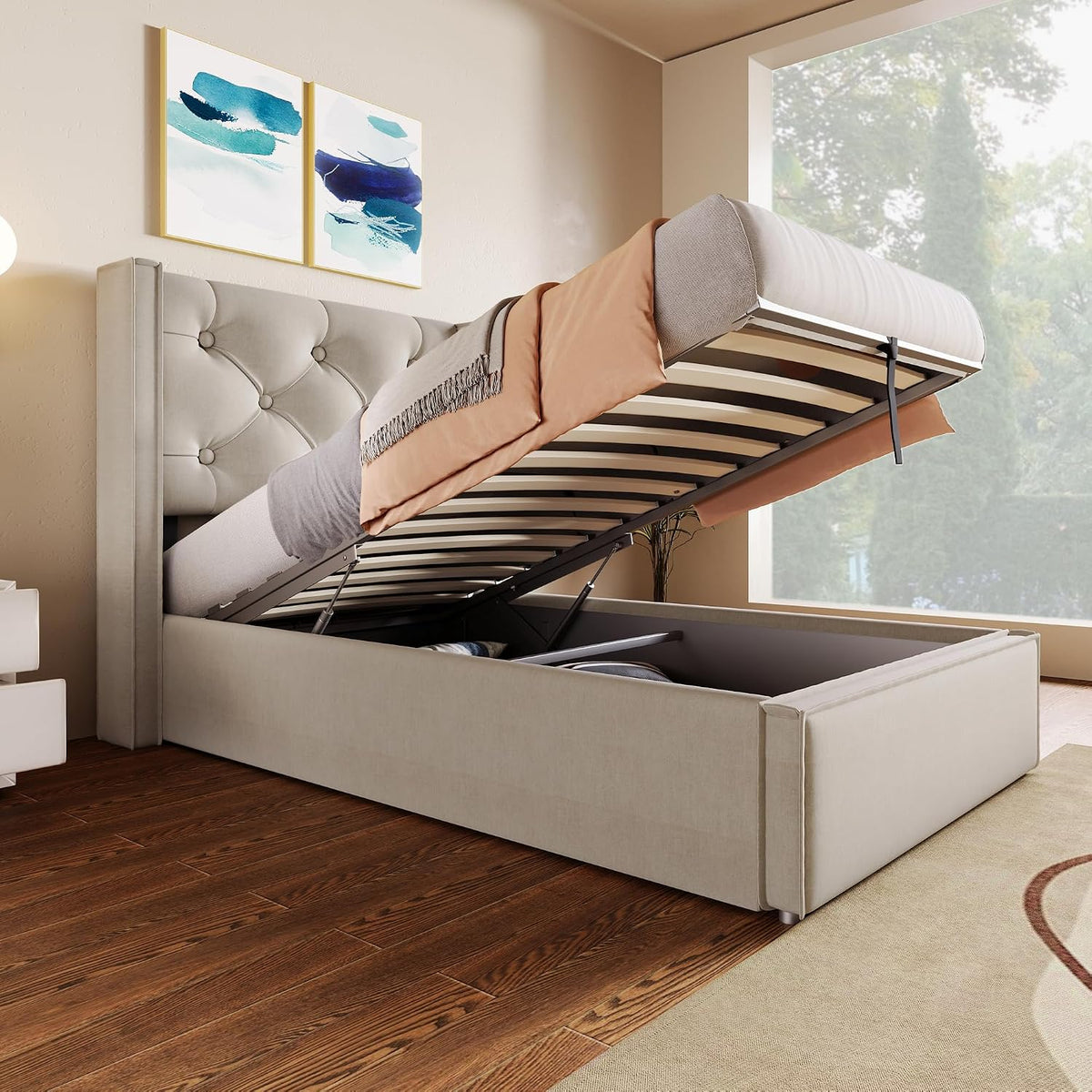 Bett, 90 × 200 cm, mit Stauraum, klappbar, aus Metall, Hellgrau, Zenoza
