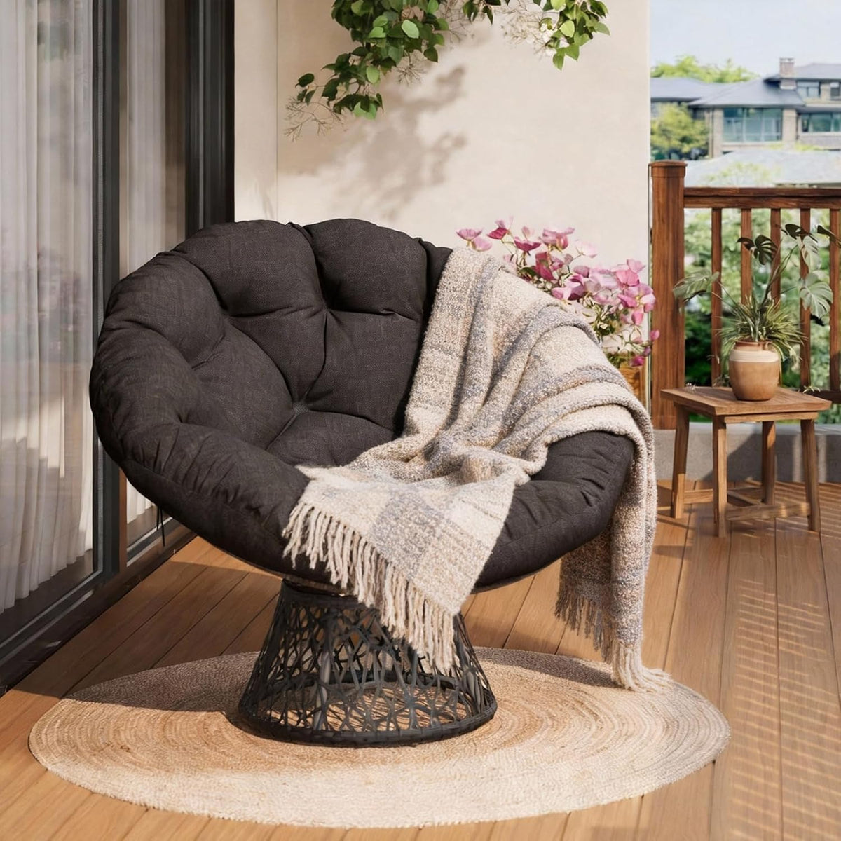 GarveeHome Ergonomischer Papasan Sessel, aus Stahl und Polyrattan, für das Wohnzimmer und das Schlafzimmer, Schwarz