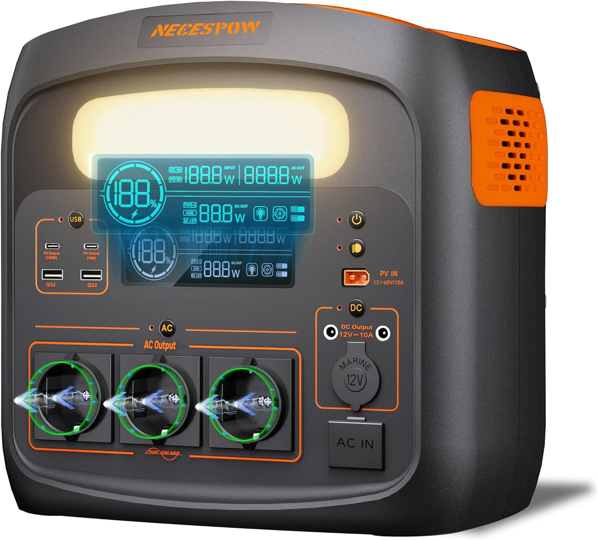 Stromerzeuger LiMnFePO4, 1800 W, 3600 W, 230 V, mit USB, für Camping, Grau/Orange, NECESPOW