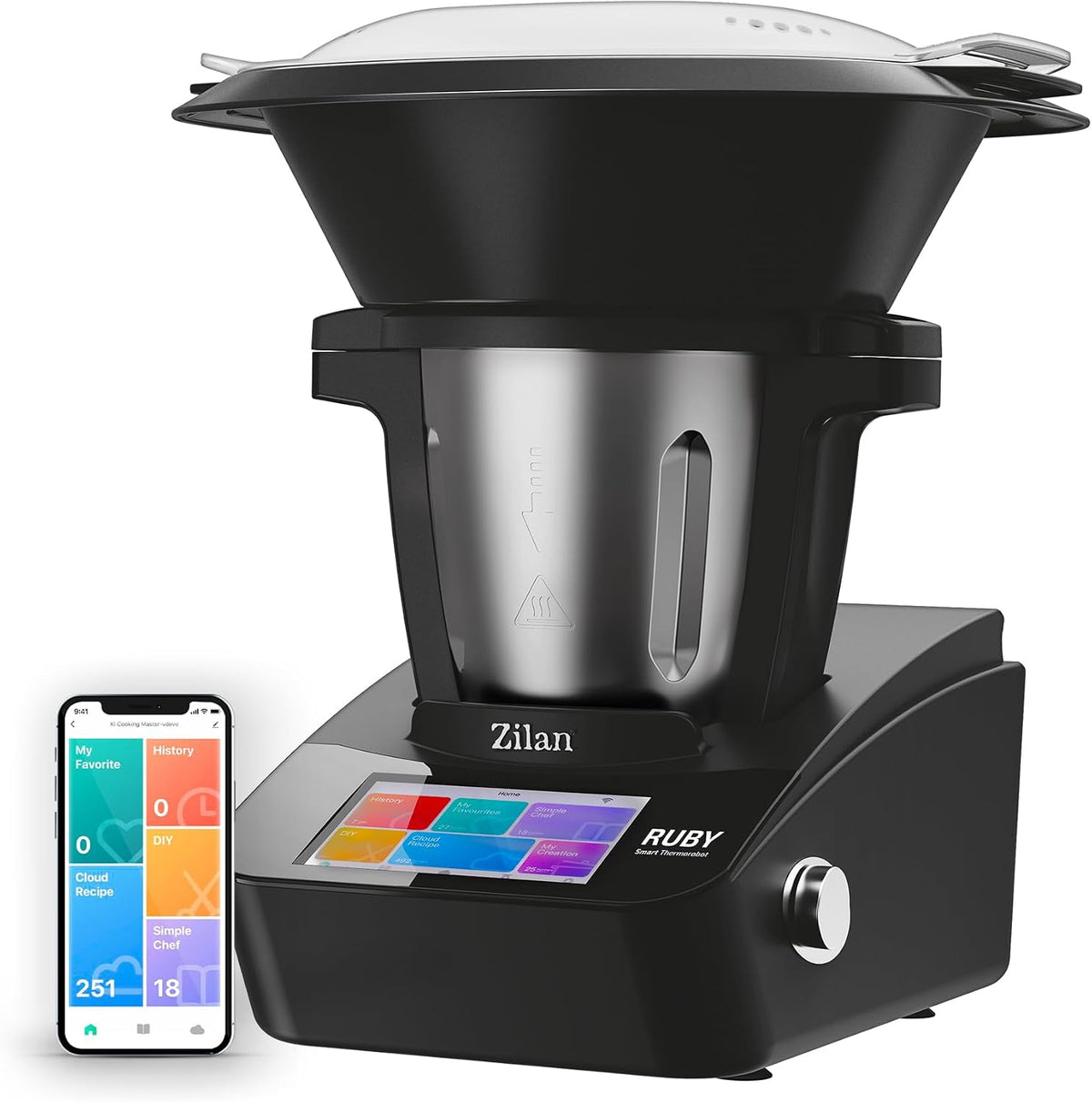 Zilan RUBY Thermorobot Multifunktions Küchenmaschine, 4,7 l, 1700 W, 7 Zoll, mit WLAN, mit App-Steuerung, für die Küche, Schwarz/Silber