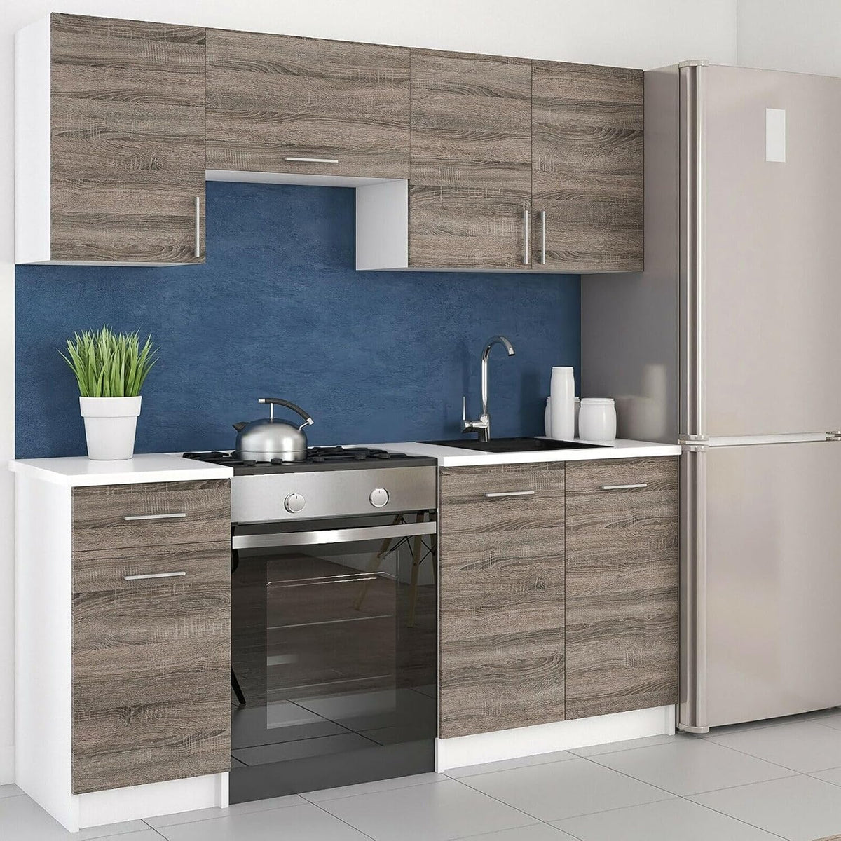 roe furniture Küchenzeile, 180 cm, für die Küche, Dunkelbraun/Weiß