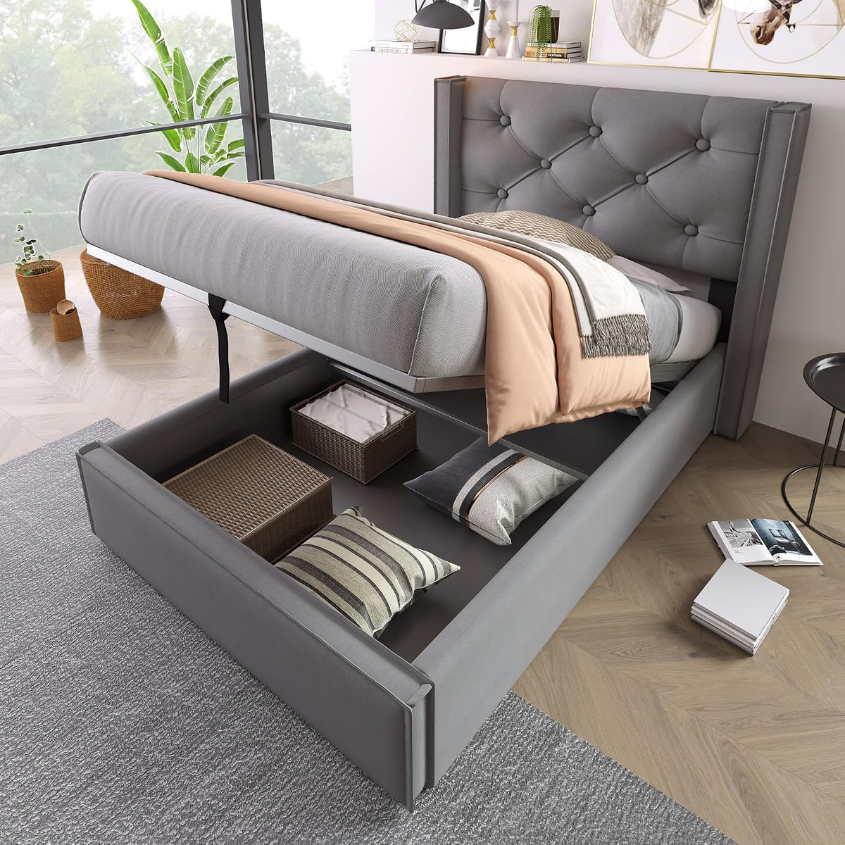 Bett, 90 × 200 cm, mit Stauraum, klappbar, aus Metall, Grau, YuQozii