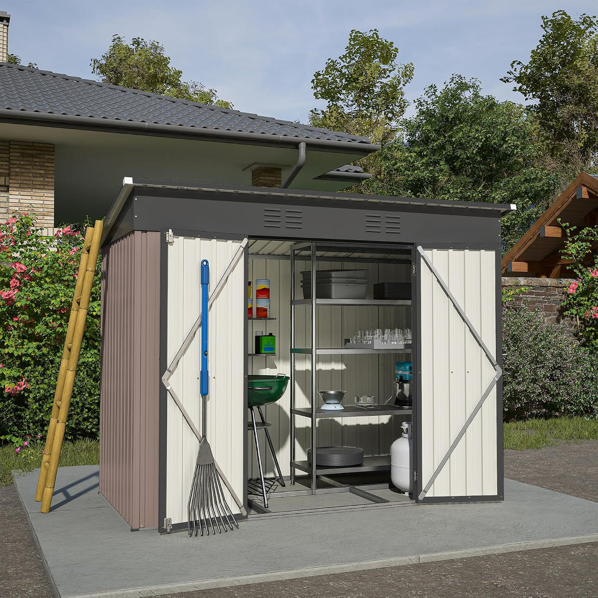 Gerätehaus, 229,4 × 111 × 182 cm, wasserdicht, mit Stauraum, für den Garten und die Terrasse, aus Metall, Braun/Beige, dowowdo