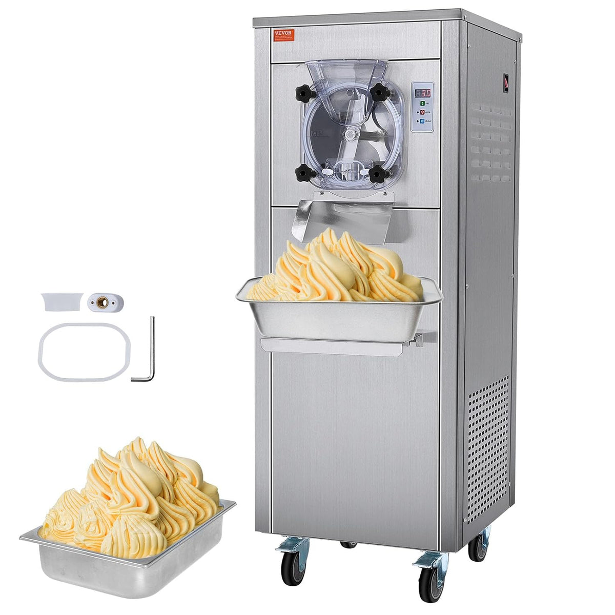 VEVOR Kommerzielle Eismaschine Speiseeisbereiter, 18 l, 6 L, mit LED, aus Edelstahl und Stahl, Silber
