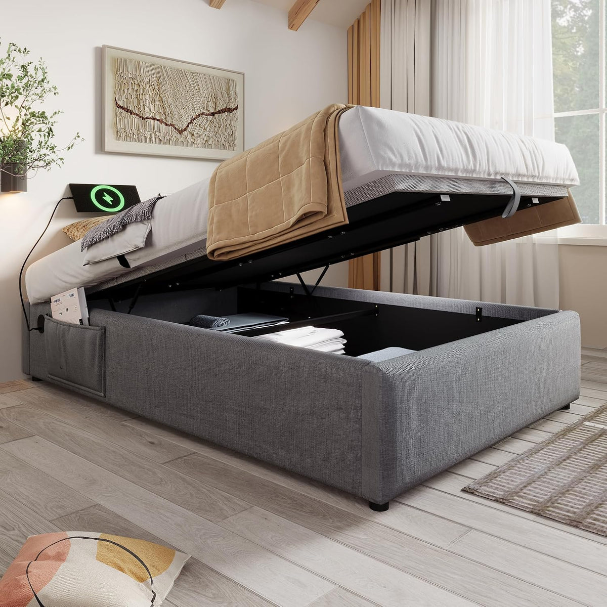 Bett, 90 × 200 cm, mit USB, mit Stauraum, Grau, Jovify