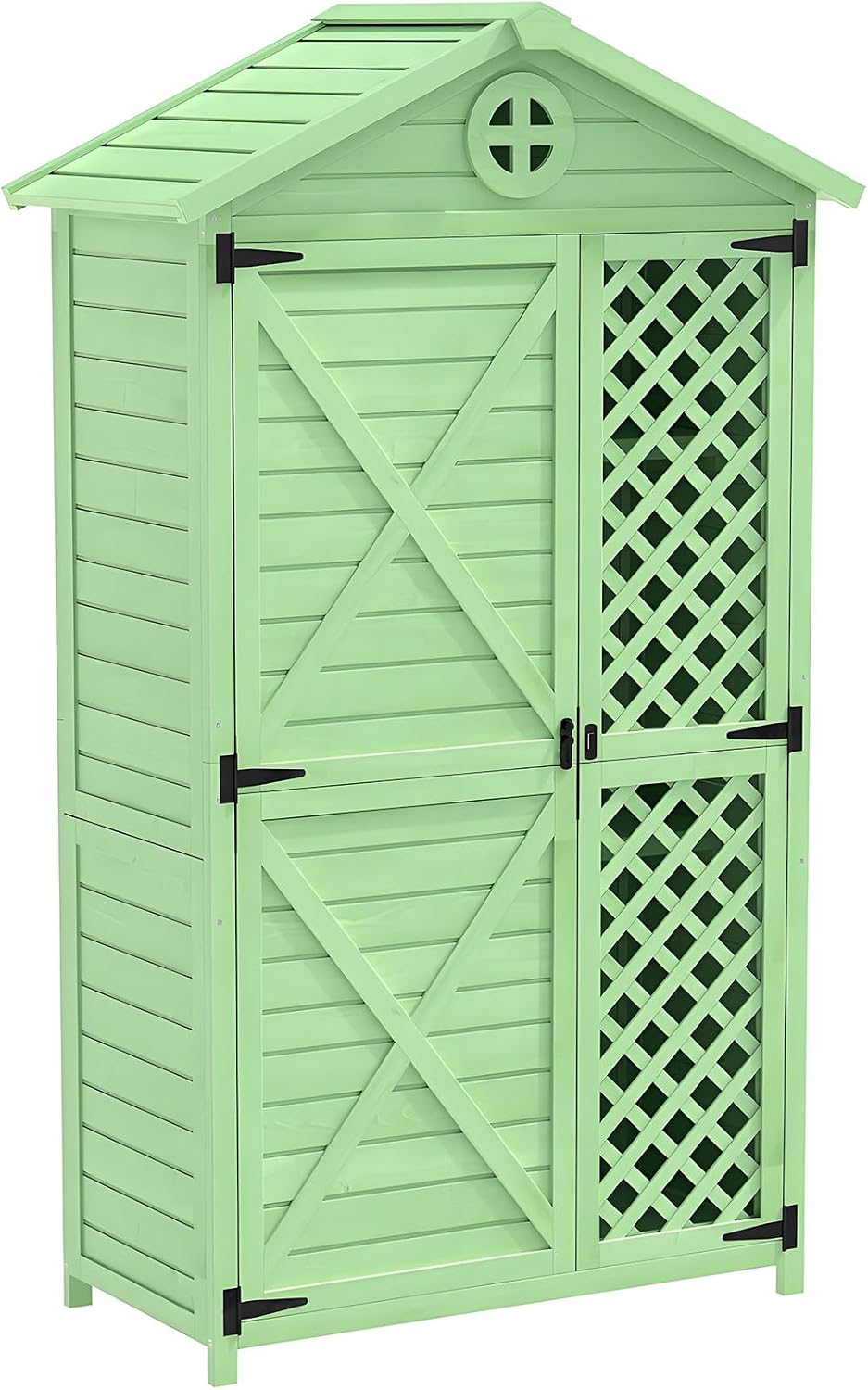 Gerätehaus Terrasse.90, 90 × 56.5 × 175.3 cm, mit Stauraum, mit festem Dach, aus Metall, für die Terrasse, Grün, Drmoxin
