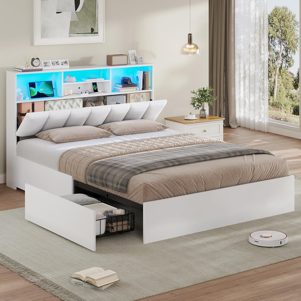 Bett, 140 × 190 cm, mit LED, mit Stauraum, Weiß, AOGLLATI