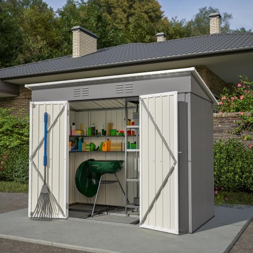 Gerätehaus, 2,4 × 1,2 m, aus Metall, mit Stauraum, für den Garten und die Terrasse, Grau/Weiß, kozamas